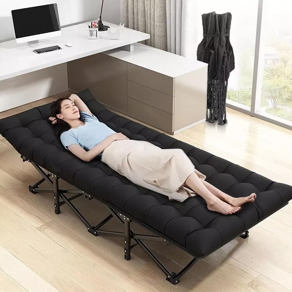 Portable Folding Camping Cot Bed with Soft Pad – Comfortable Outdoor Sleeping Bed for Camping, Travel, Beach & Office Nap (Black)