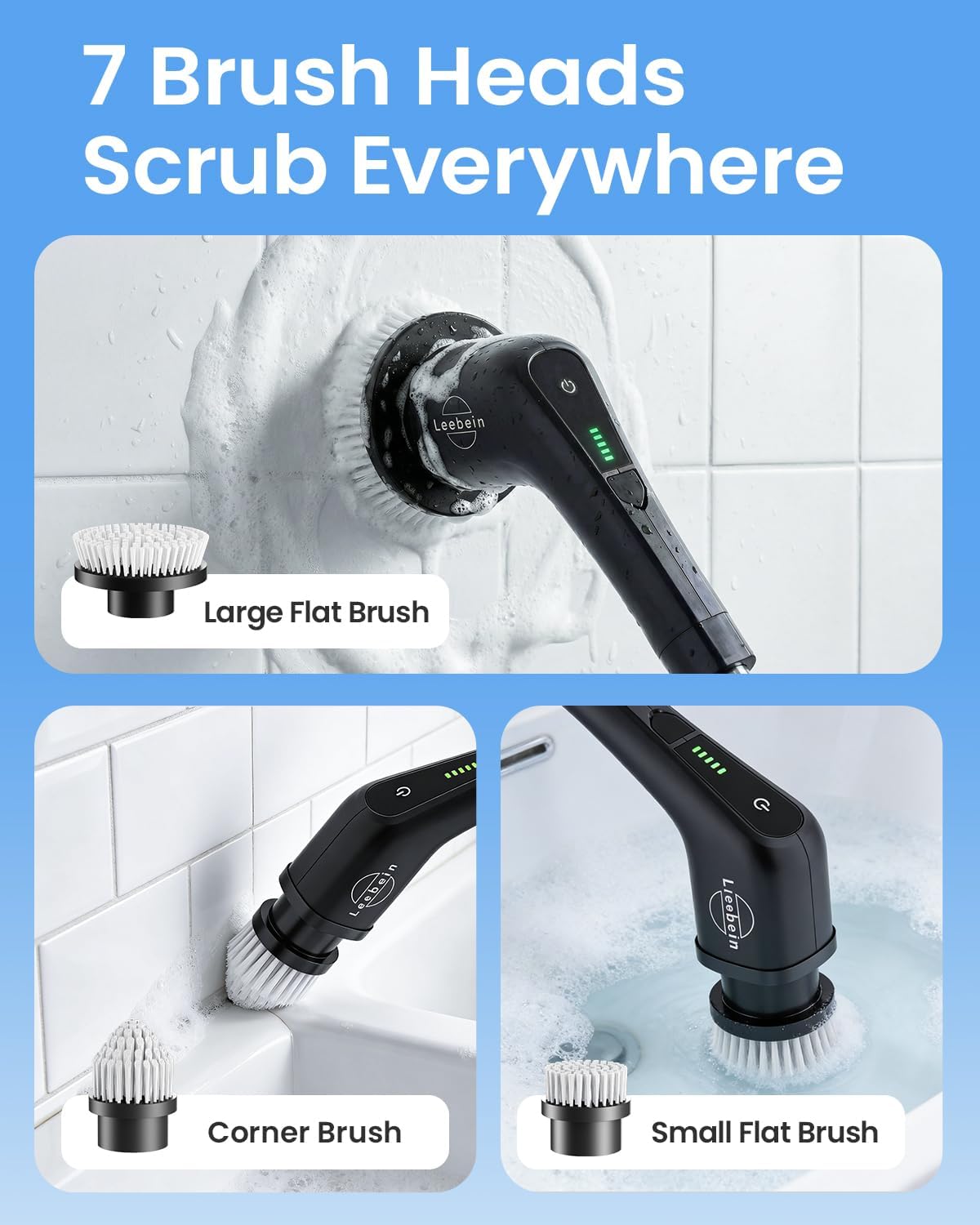 Cordless Electric Bathroom Scrubber with 8 Brush Heads – Long Handle Dual-Speed Cleaning Brush