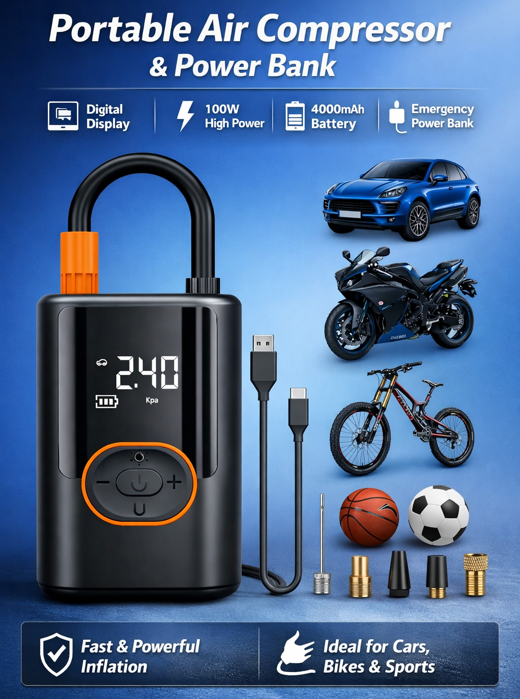 Wireless Car Air Compressor & power-bank – Digital Tire Inflator with LED Light