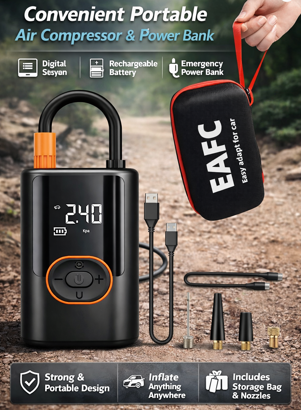 Wireless Car Air Compressor & power-bank – Digital Tire Inflator with LED Light