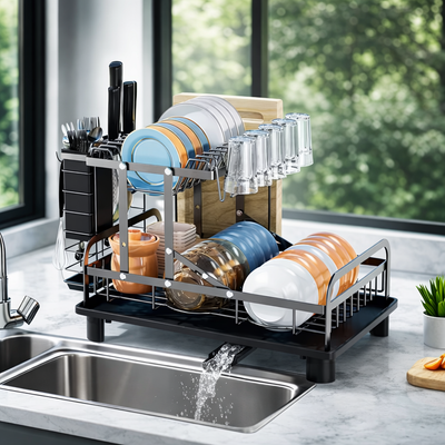 Large Capacity 2-Tier Dish Drainer with Drip Tray & Cutlery Holder