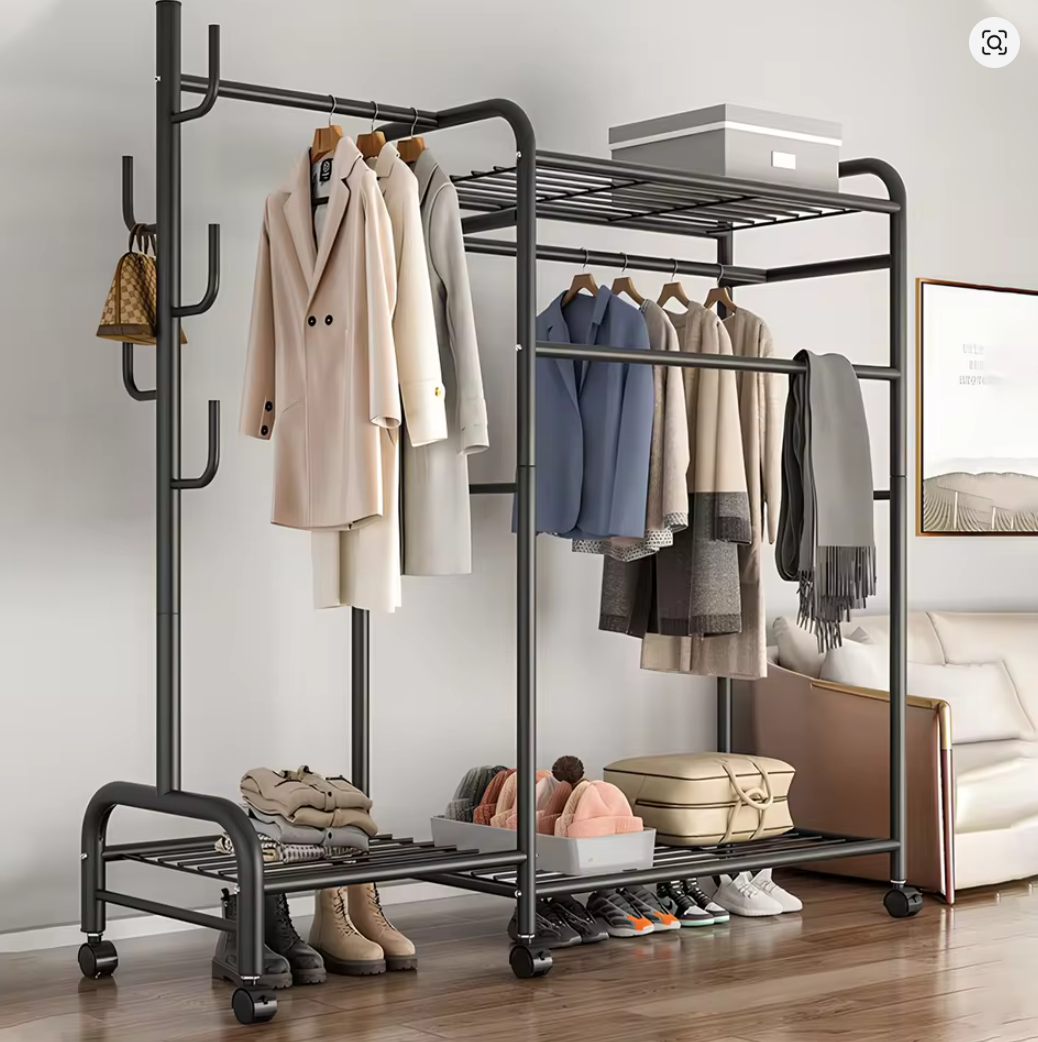 Heavy Duty Double Clothes Rail Rack Garment Hanging Stand Open Wardrobe Shelf UK