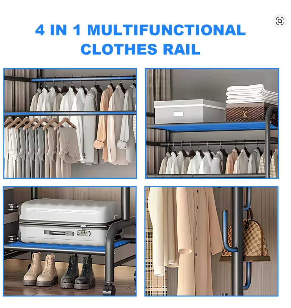 Heavy Duty Double Clothes Rail Rack Garment Hanging Stand Open Wardrobe Shelf UK