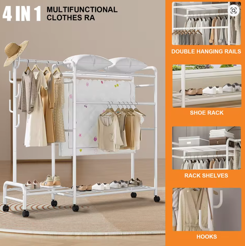 Heavy Duty Double Clothes Rail Rack Garment Hanging Stand Open Wardrobe Shelf UK