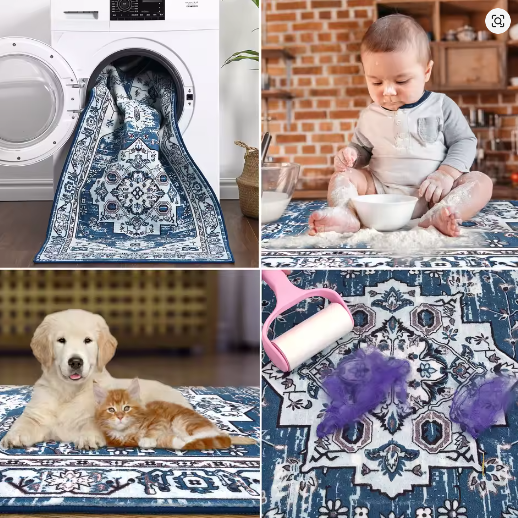Machine Washable Rug Vintage Low Pile Indoor Welcome Doormat Non-Slip Persian Kitchen Sink Rug Floor Carpet for Entrance Bedroom