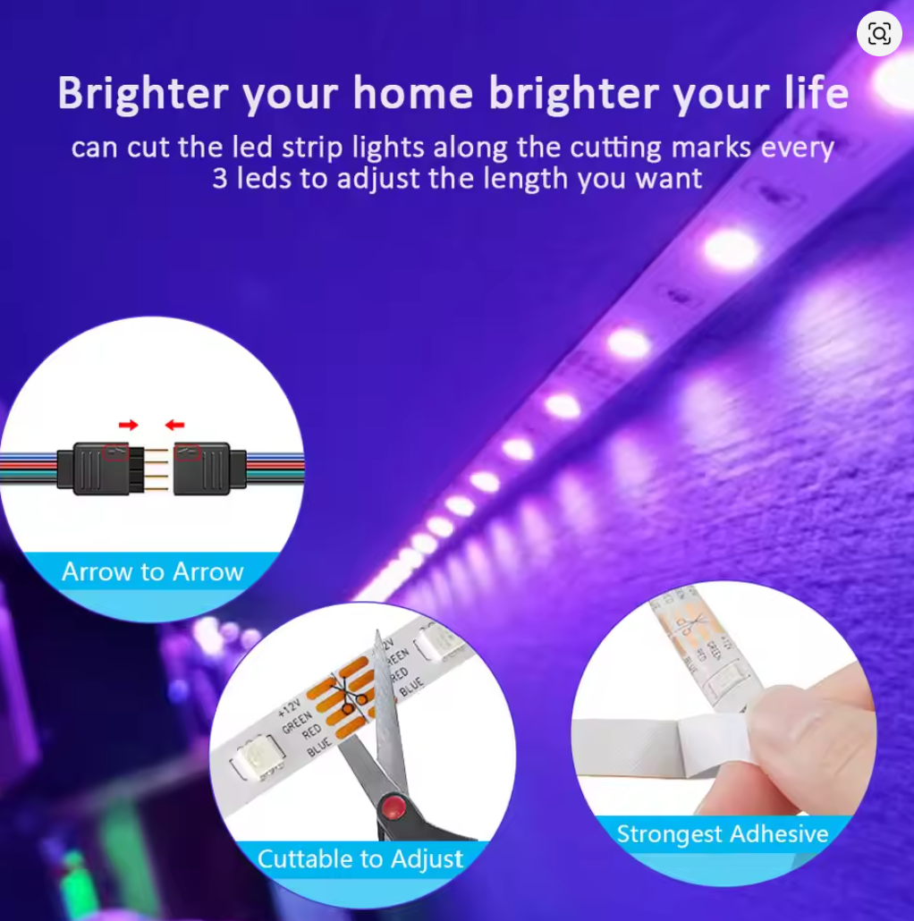 LED Strip Light RGB 5050 Music Sync Color Changing 30LEDS PER M, App Controlled LED Lights 5M 10M 15M DC12V Flexible