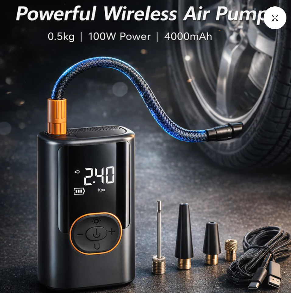 Wireless Car Air Compressor & power-bank – Digital Tire Inflator with LED Light