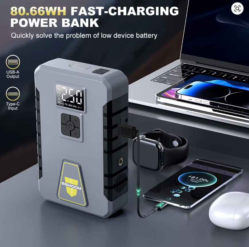 Portable Car Battery Jump Starter with Digital Display & Power Bank